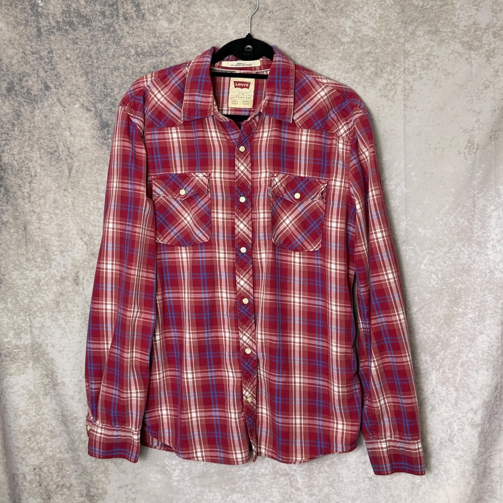 Levi's Mens L Pearl Snap Western Shirt Red Blue Plaid Modern Fit Long Sleeve